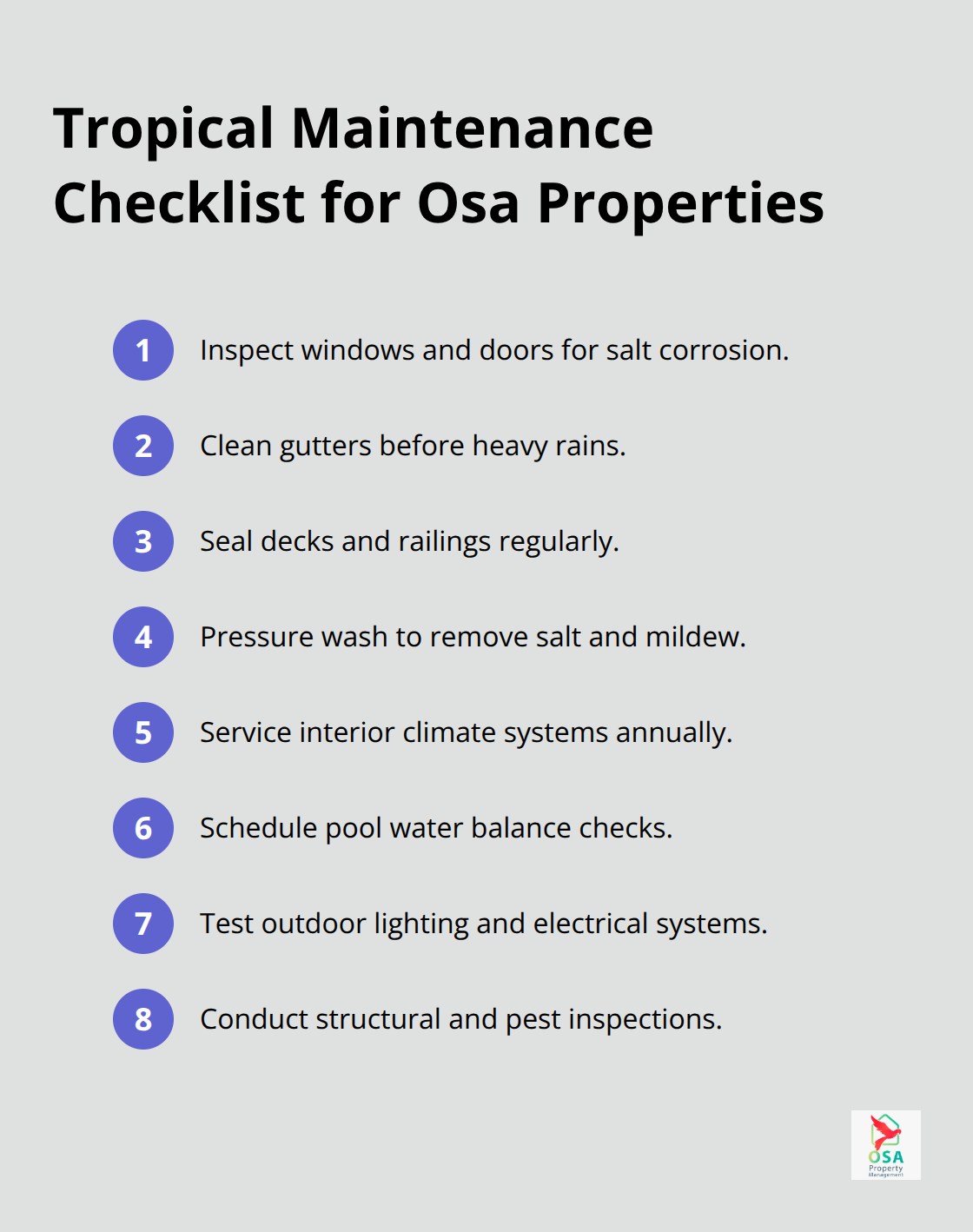 Compact checklist of essential maintenance tasks for coastal, high-humidity Osa properties. - Osa Peninsula property management