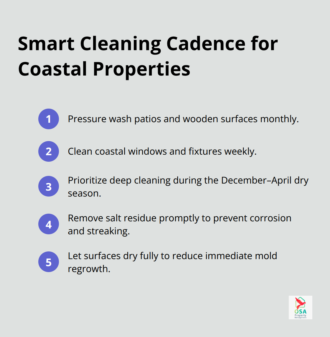 Compact list summarizing monthly, weekly, and seasonal exterior cleaning tasks for Costa Rica homes. - Outdoor maintenance Costa Rica
