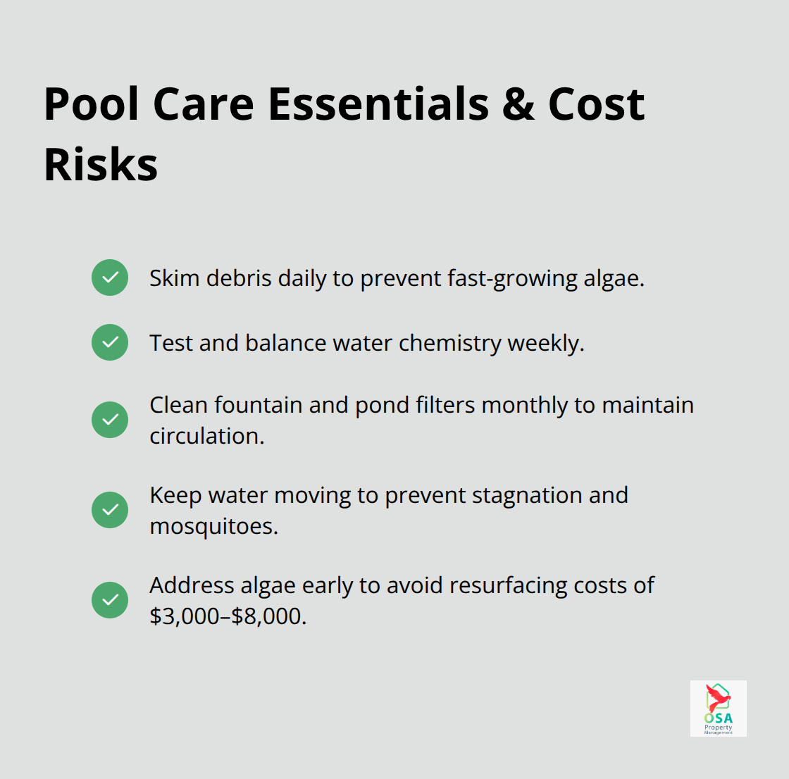 Checklist of pool maintenance tasks with a note on resurfacing cost risks in Costa Rica’s climate.