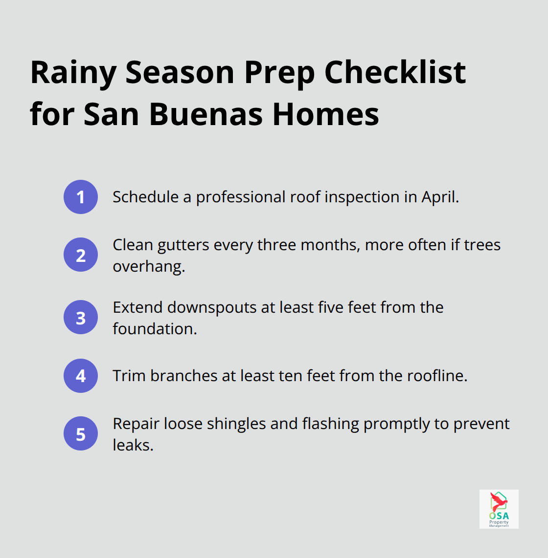 Compact checklist of five key rainy-season preparation steps for San Buenas properties.