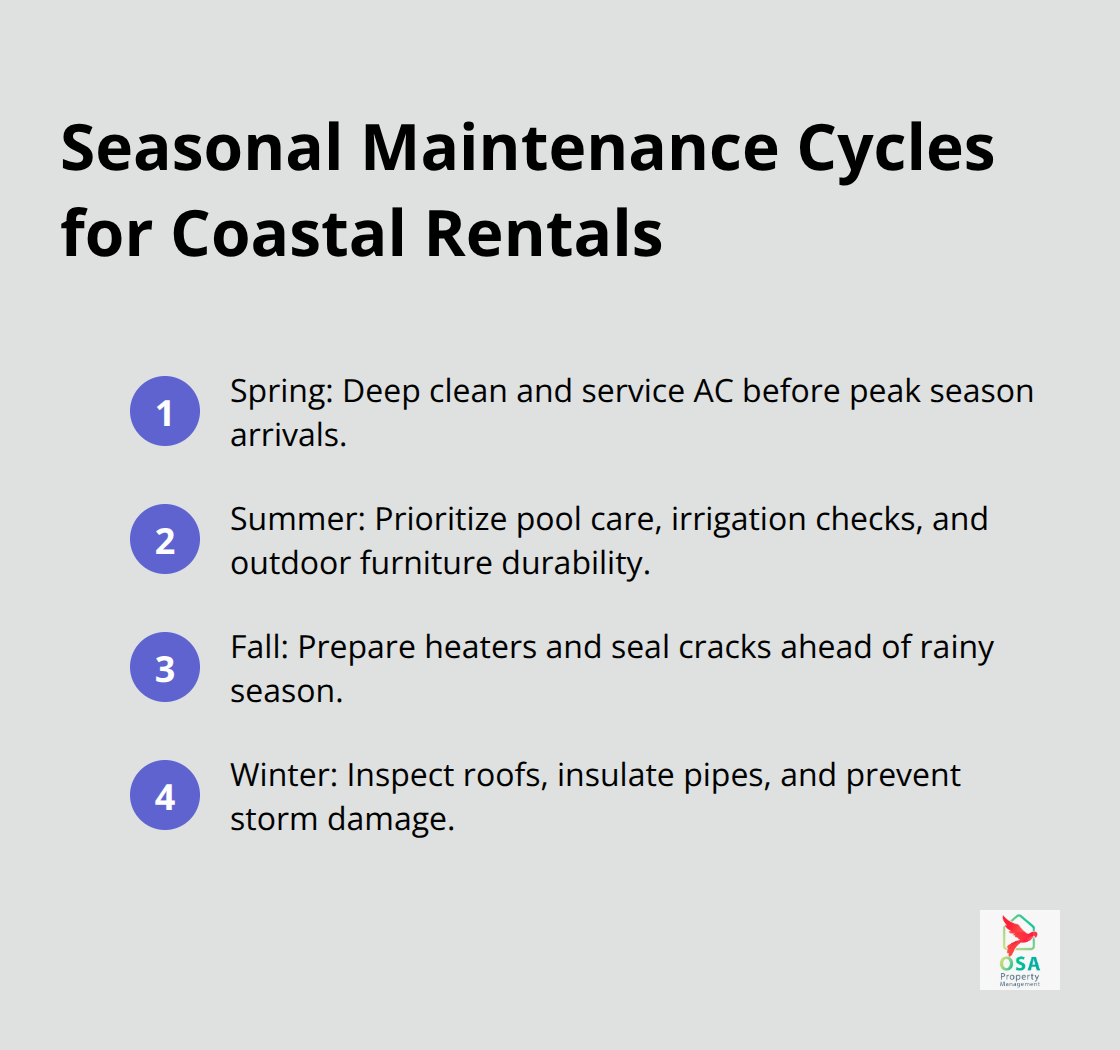 Compact ordered list outlining Spring, Summer, Fall, and Winter maintenance priorities for Tarcoles rentals. - Tarcoles property management