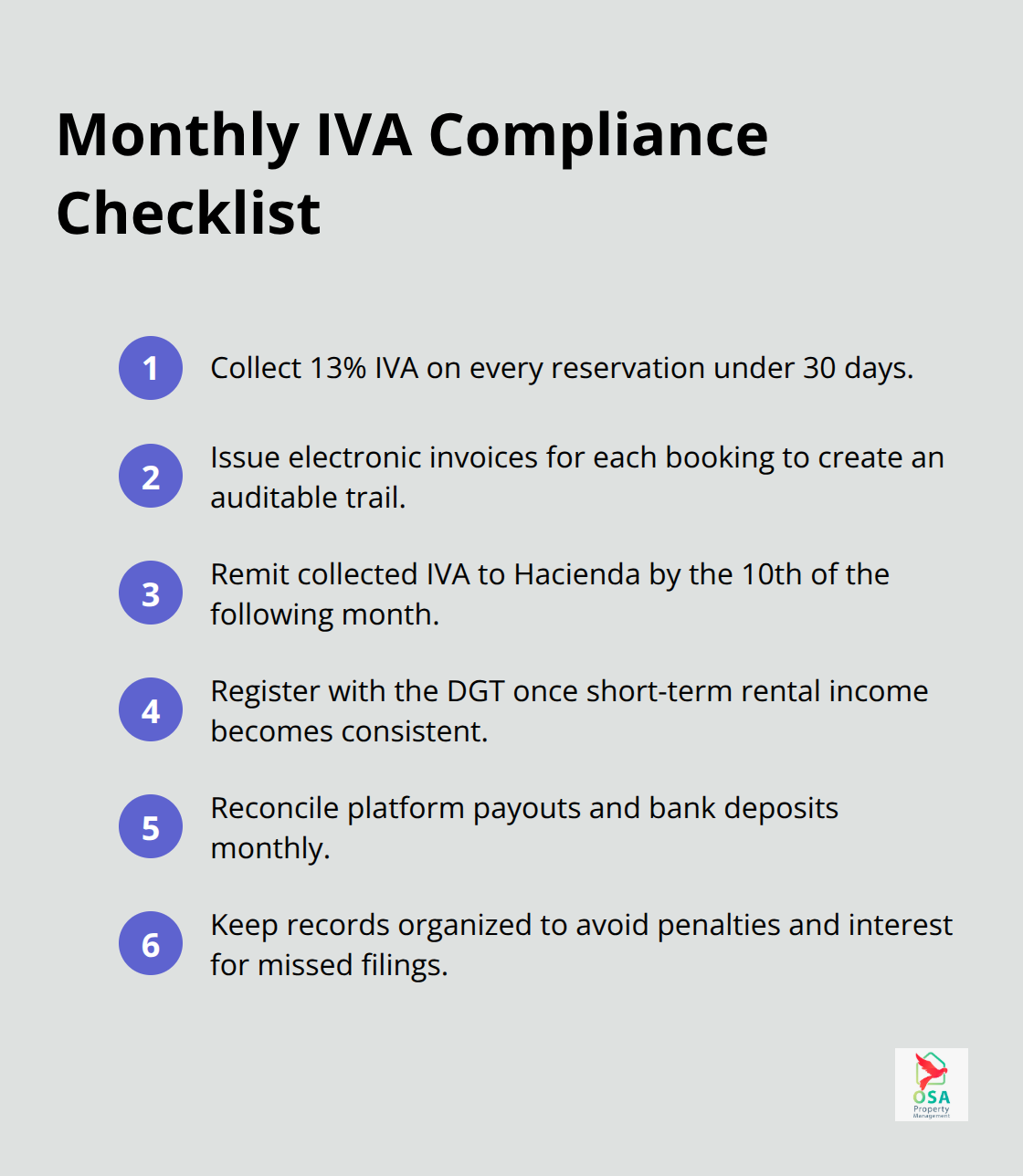 Compact checklist of recurring IVA tasks for Costa Rica short-term rental operators - CR IVA basics