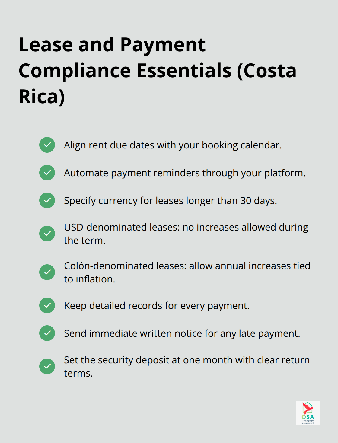 Checklist of rent collection and lease compliance actions for Costa Rica rentals