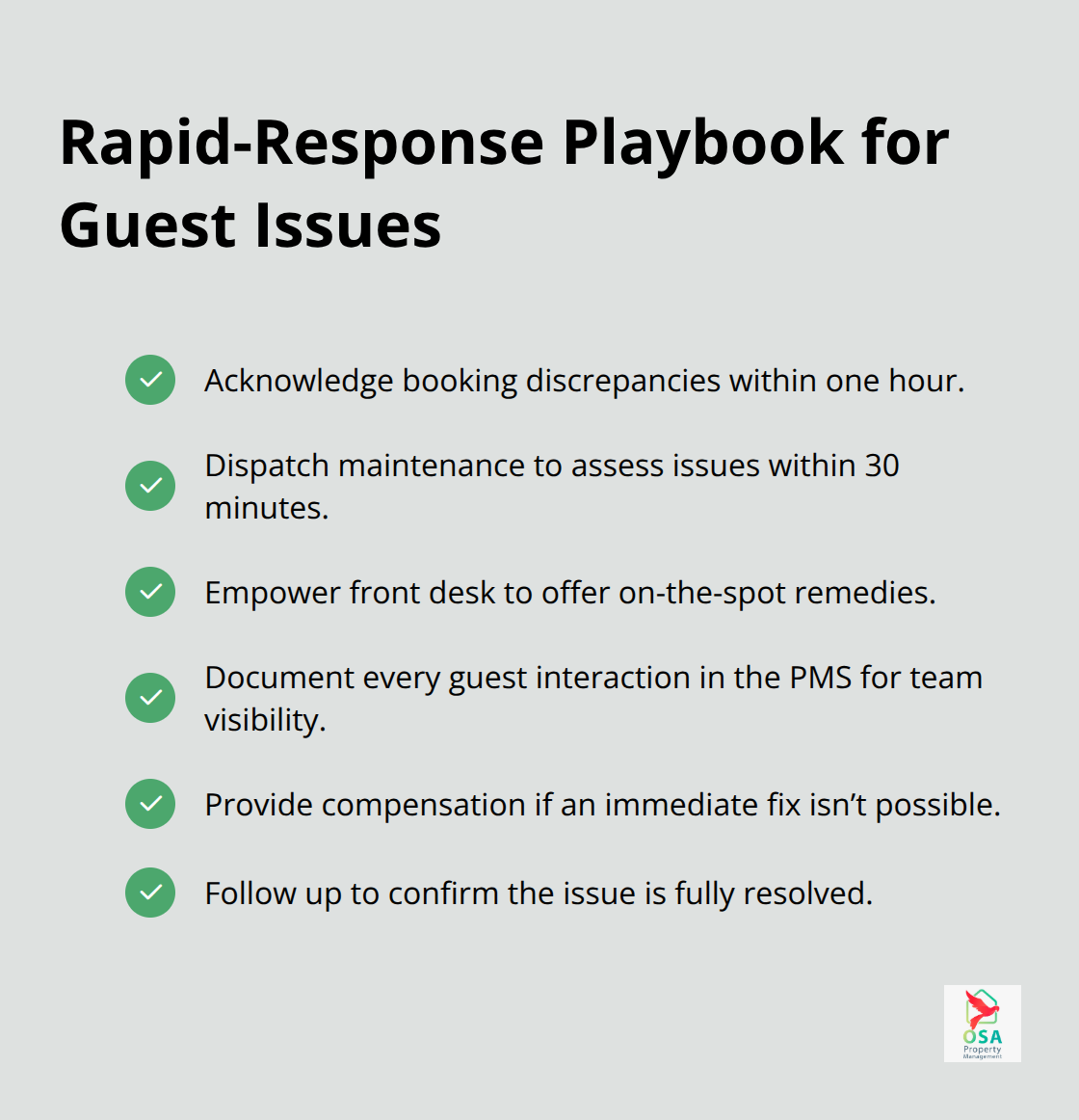 Checklist of immediate actions to resolve guest problems and protect reviews. - Manuel Antonio guest relations