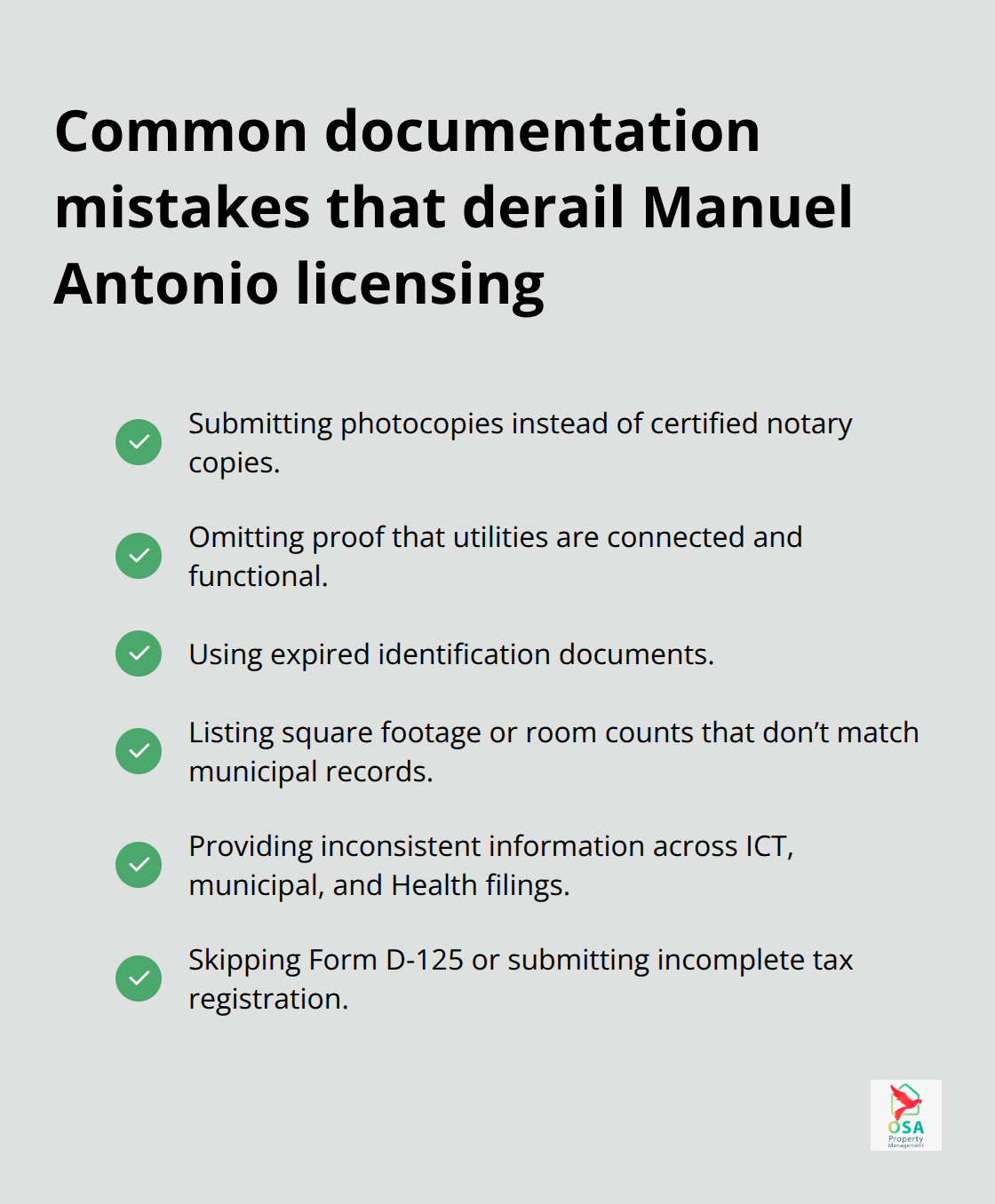 Checkmark list of frequent documentation errors that cause application rejections in Manuel Antonio - Manuel Antonio rental licensing