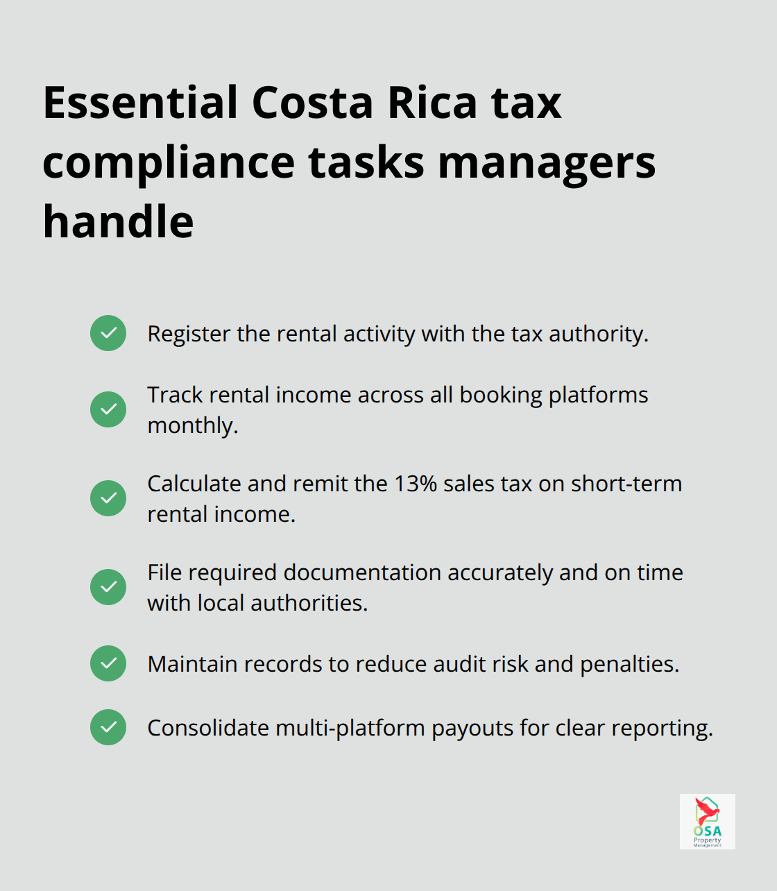 Checklist of key tax compliance responsibilities for Costa Rica short-term rentals - Property management Costa Rica