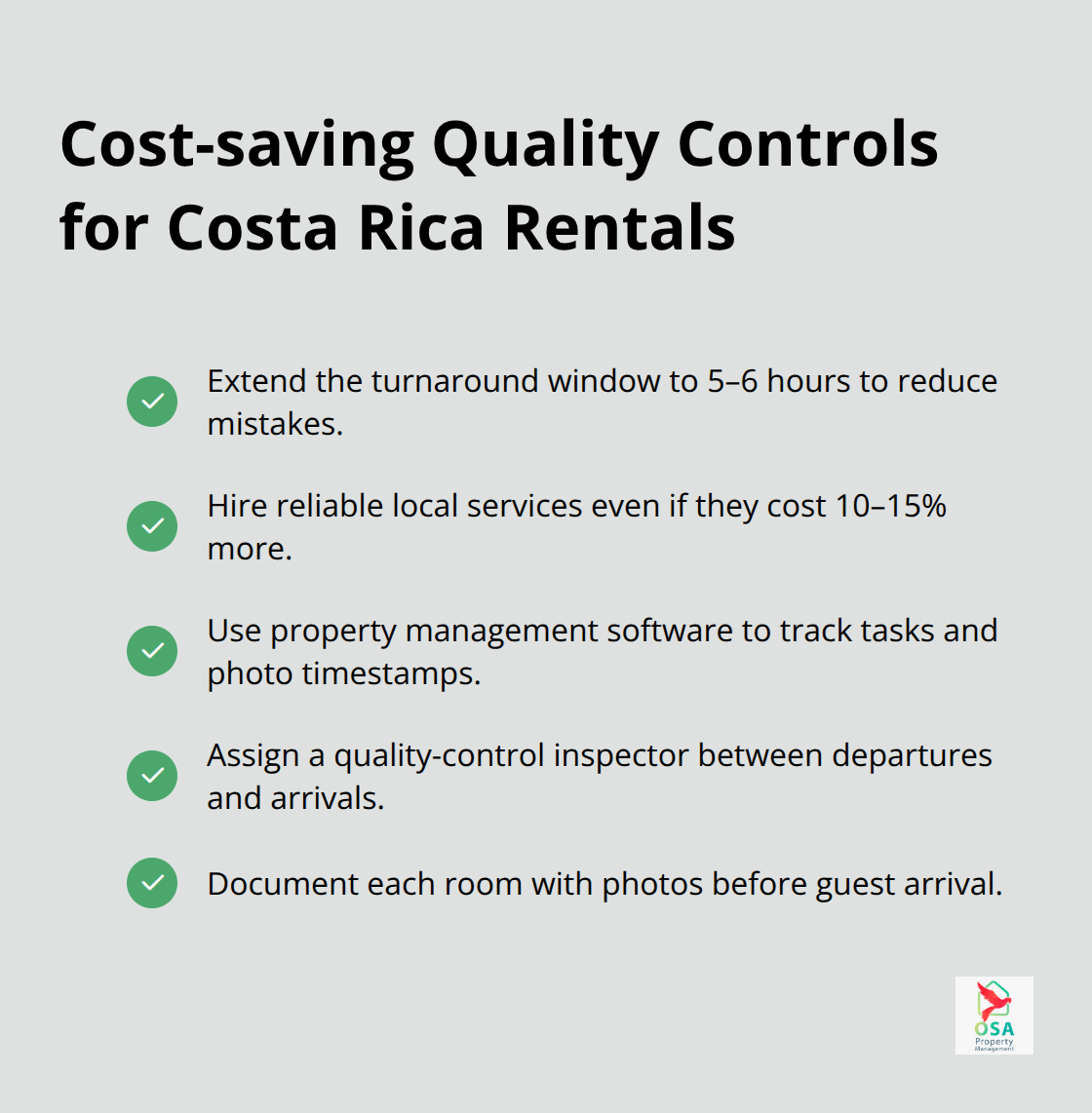 Checklist of cost-efficient cleaning quality controls for vacation rentals in Costa Rica.