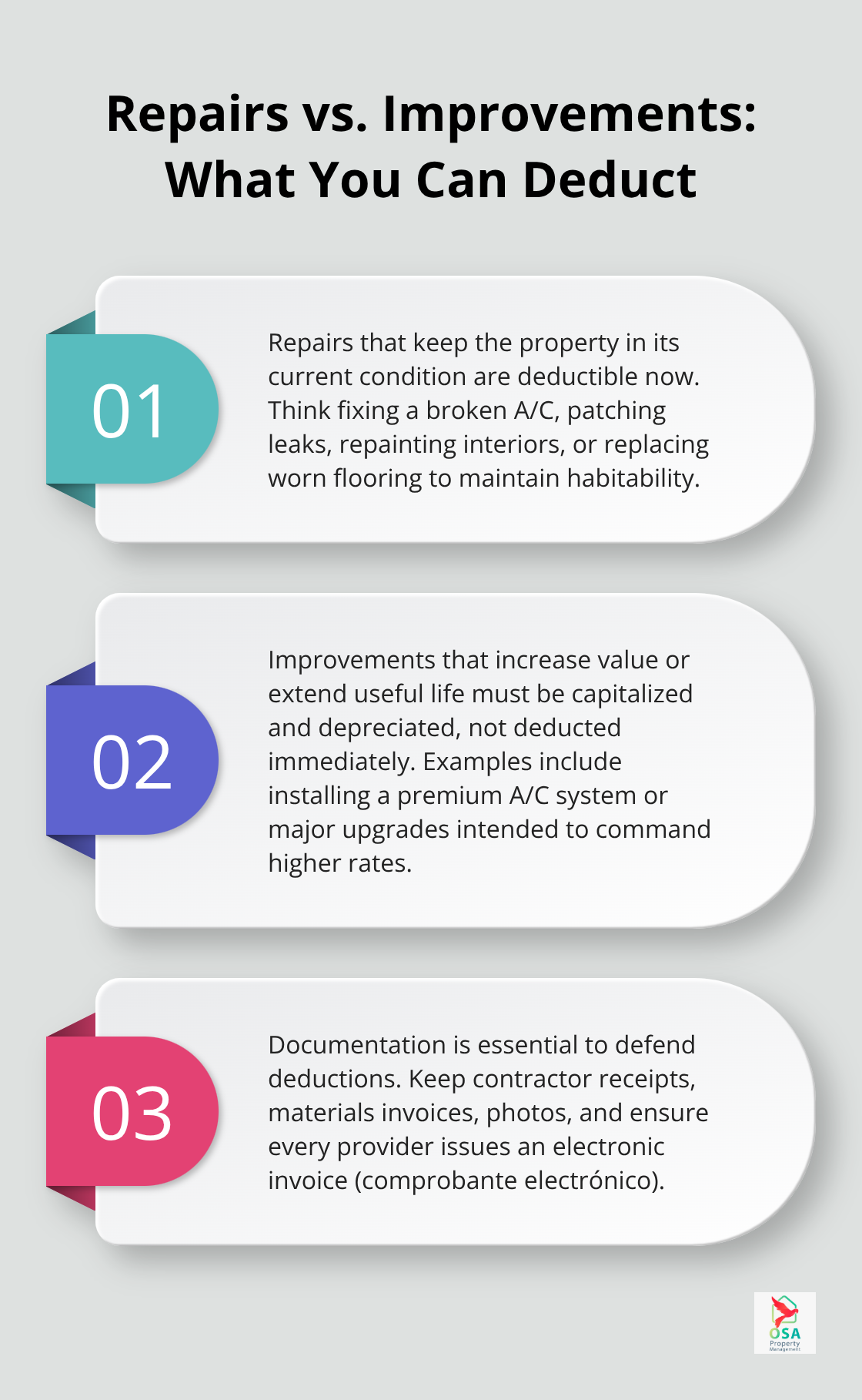 Three-point guide explaining which property expenses are deductible repairs versus capital improvements. - renter tax guidelines cr