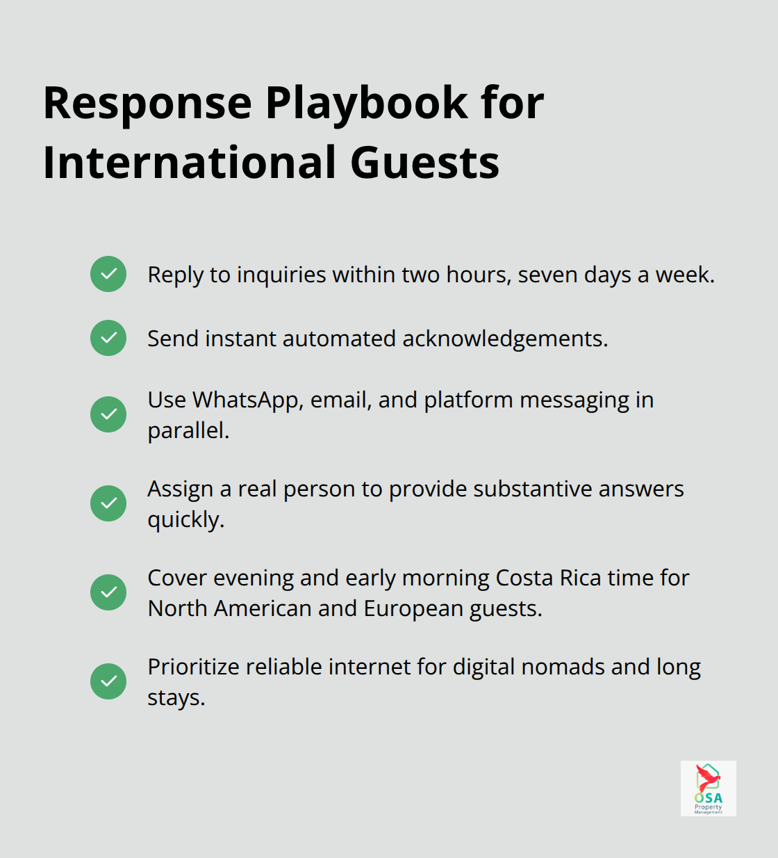 Checklist of rapid-response communication practices for Costa Rica vacation rentals - Expat rental marketing CR