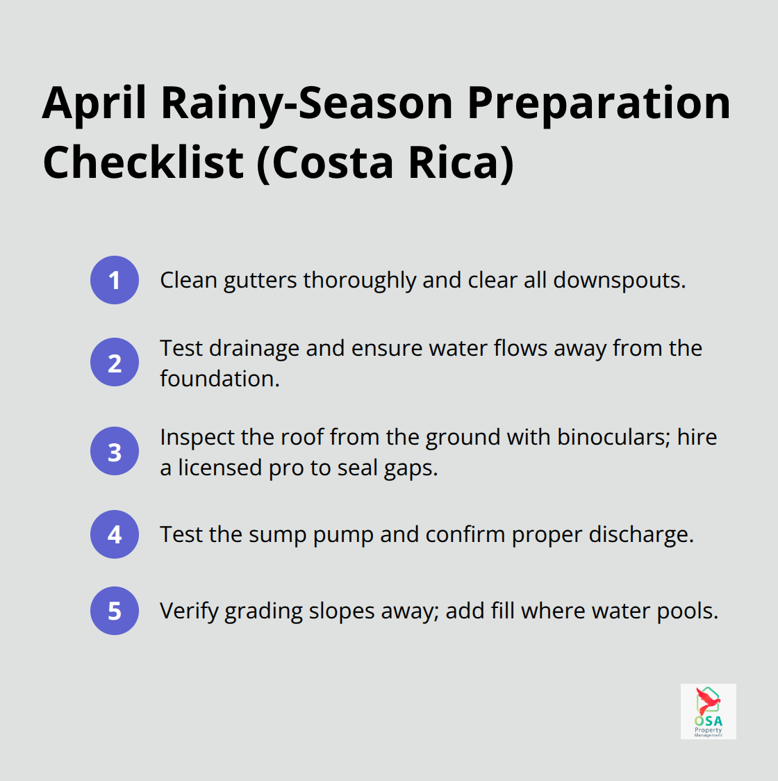 Compact checklist of April tasks to prepare a home in Costa Rica for rainy season - Home maintenance Costa Rica tips