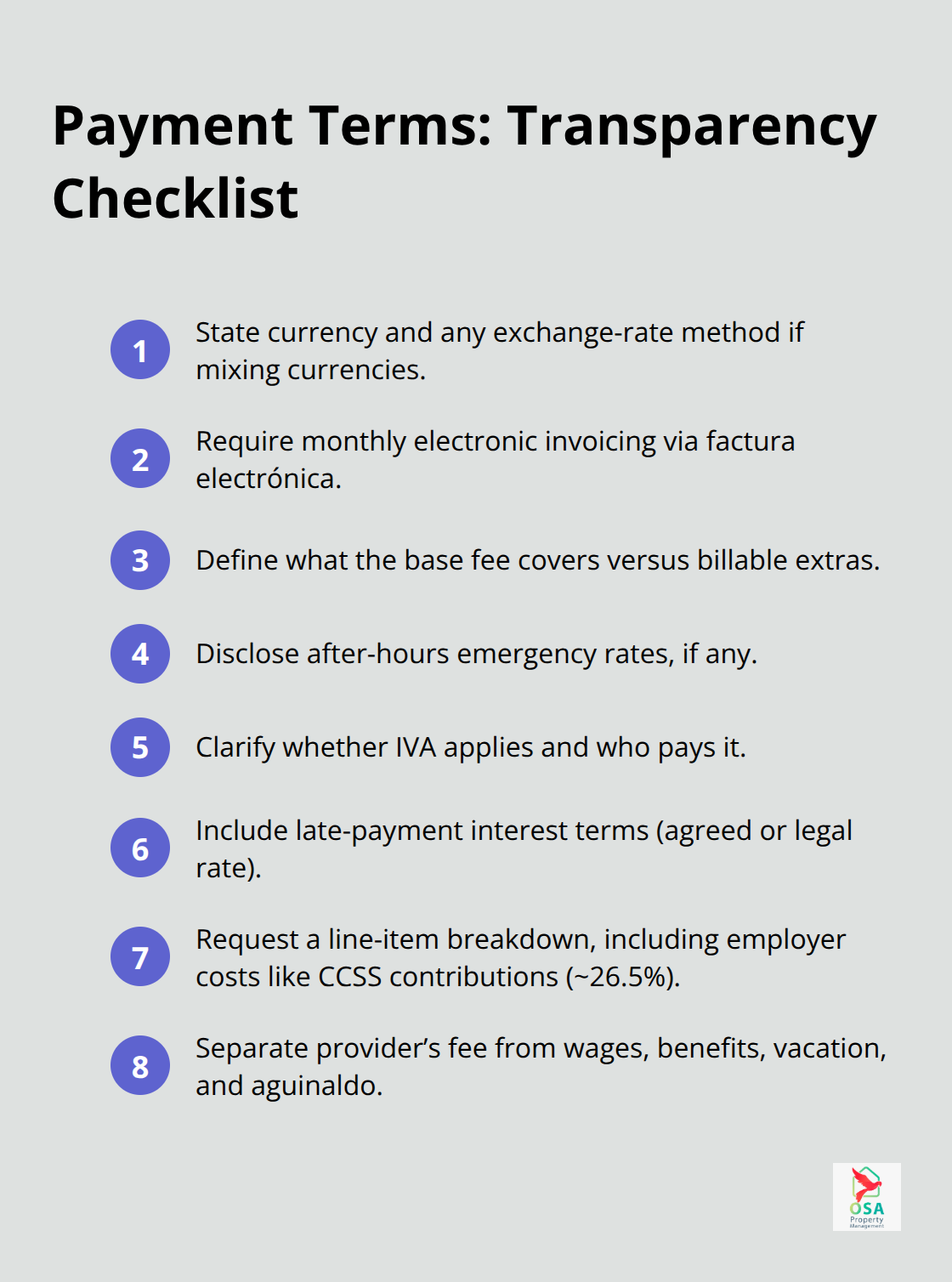Compact checklist of payment structure essentials for Costa Rica maintenance contracts