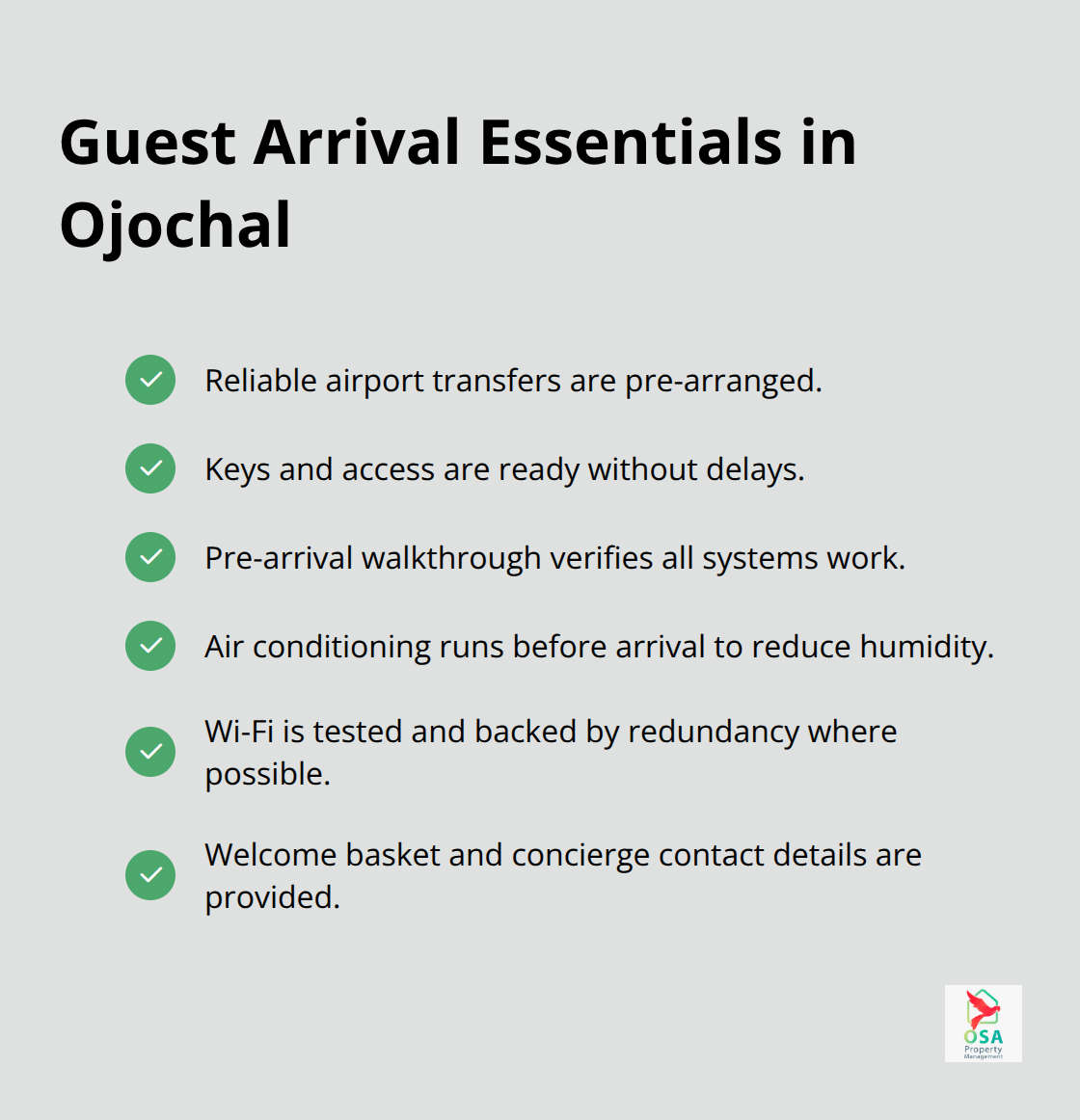 Checklist of key arrival touchpoints to deliver a seamless first impression for Ojochal vacation rentals - Ojochal concierge services