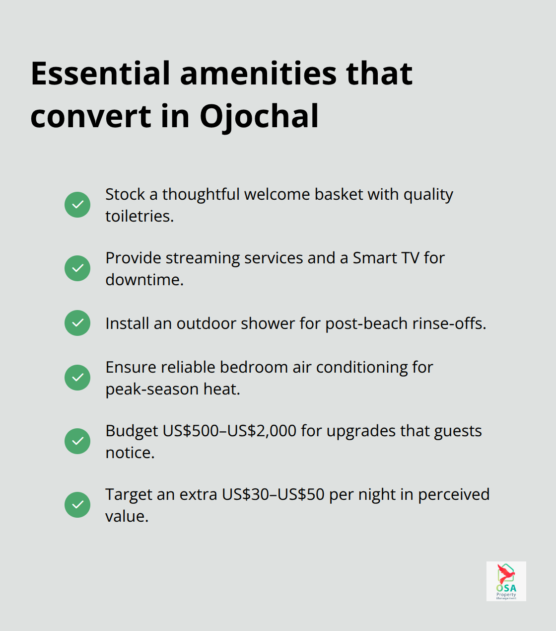 Checklist of amenities that boost bookings for Ojochal rentals in Costa Rica