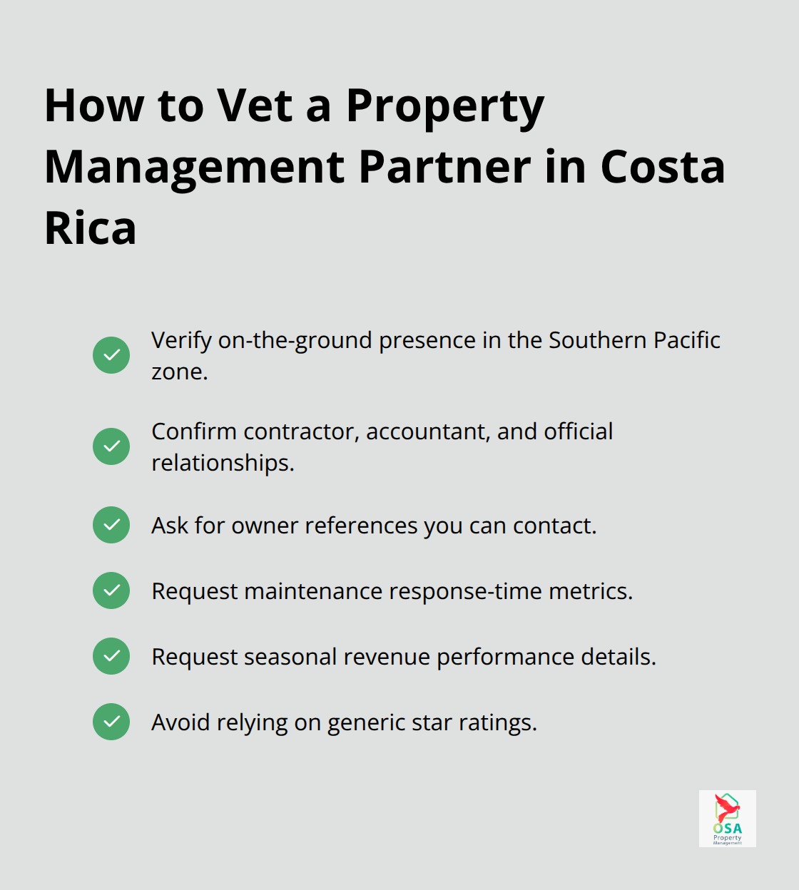Checklist of practical steps to evaluate a Costa Rica property management firm. - Osa Peninsula property care