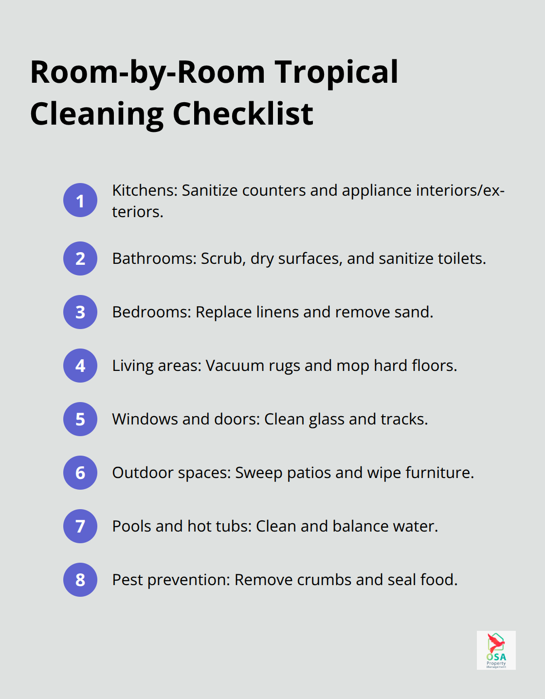 Compact checklist of room-by-room cleaning tasks tailored for Costa Rica’s tropical conditions. - Vacation rental housekeeping