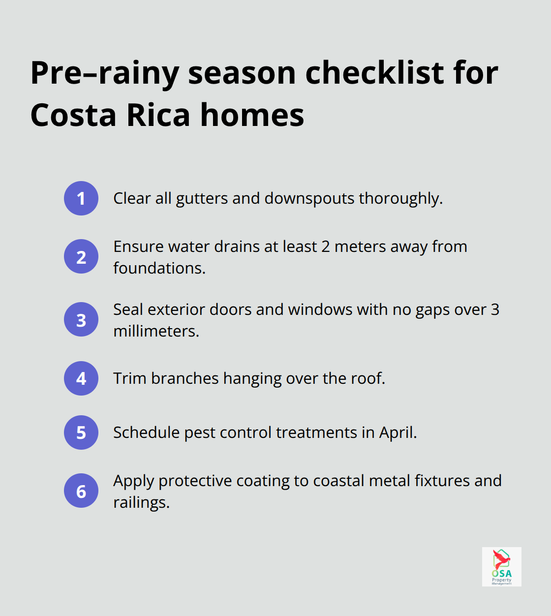 Compact pre–rainy season preparation checklist for Costa Rica properties.